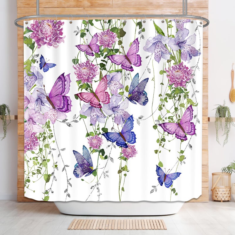 chiinvent Purple Shower Curtain Butterfly Shower Curtains for Bathroom  Spring Shower Curtain Lavender Lilac Pink Floral Shower Curtain with 12 Hooks  Machine Washable Waterproof Fabric  72X72 Inches - Image 5